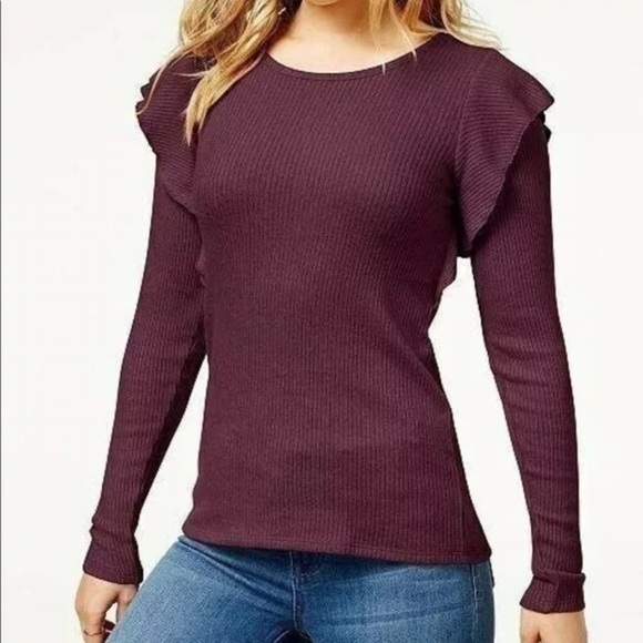 Lucky Brand Rib Ruffle Top, Tawny Port, Large - Picture 4 of 11